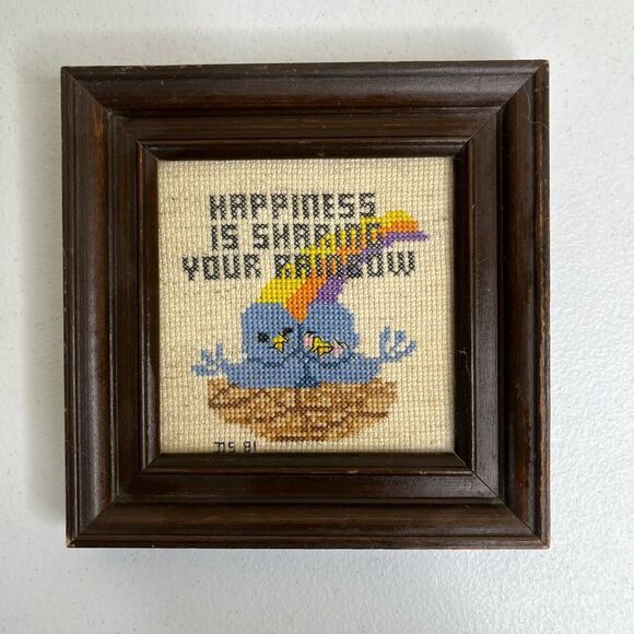 Vintage 80s Cross Stitch Blue Birds Happiness Is Sharing Your Rainbow Framed - Picture 7 of 7